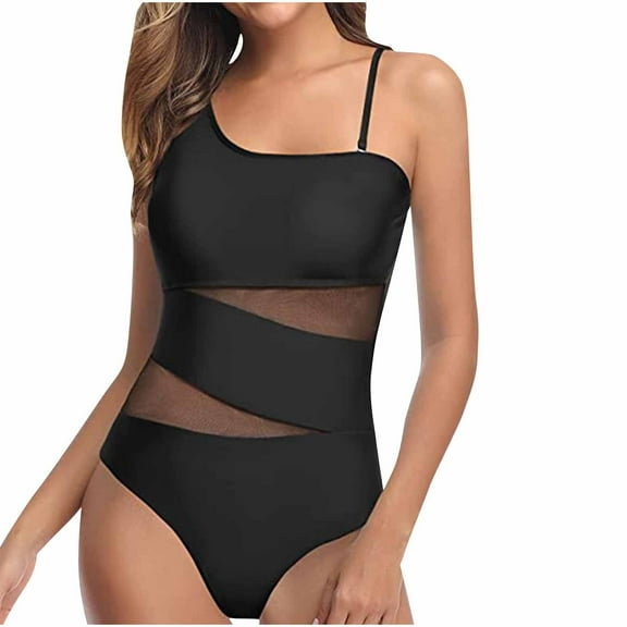 Bigersell One Shoulder Swimsuits for Women Mesh One-Piece Bathing Suit Backless Cute 1 Piece Swimsuit Monokini Swimwear for Summer Beach Vacations Black M
