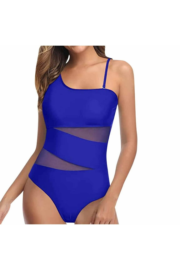 One Shoulder Swimsuits for Women Mesh One-Piece Bathing Suit Backless Cute 1 Piece Swimsuit Monokini Swimwear for Summer Beach Vacations Blue S