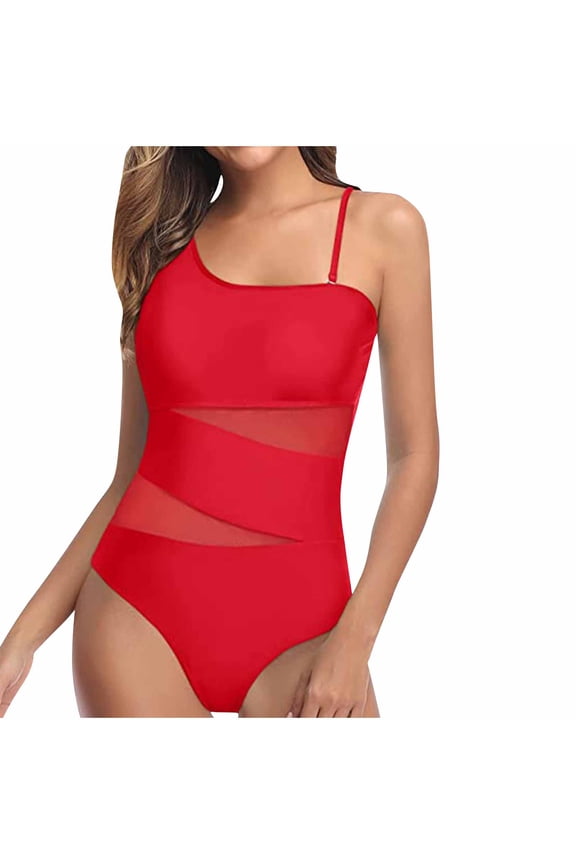 One Shoulder Swimsuits for Women Mesh One-Piece Bathing Suit Backless Cute 1 Piece Swimsuit Monokini Swimwear for Summer Beach Vacations Red L