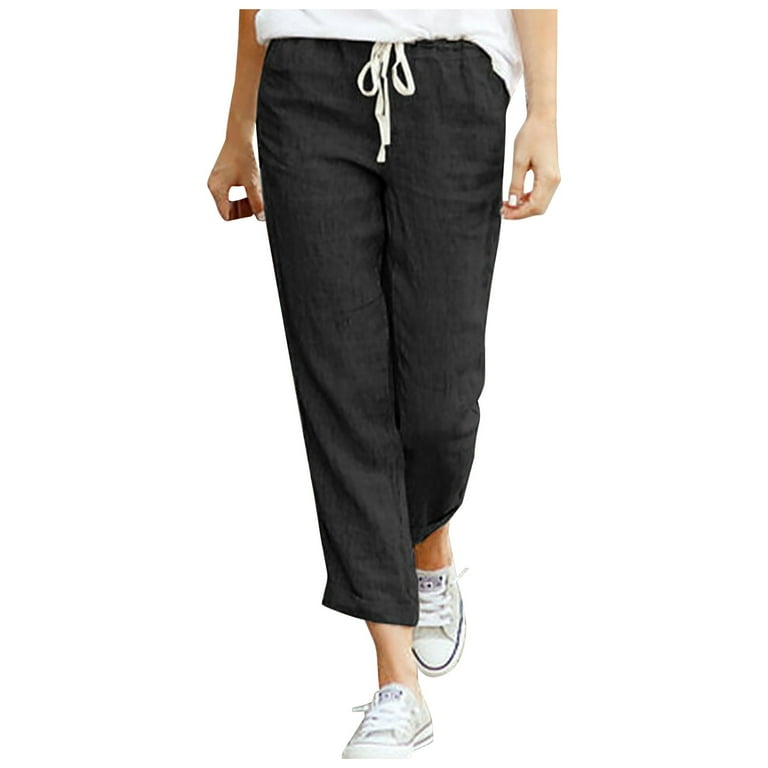 Bigersell Oversized Pants for Women Full Length Pants Women's casual  drawstring elastic waist cotton linen nine-quarter pants Ladies Relaxed Fit  Straight Leg Pant 