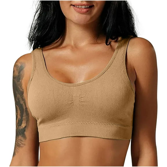 Bigersell Padded Bra 2pc V-Neck Wire-Free Bra Support Women Longline Sports Bras Training Bra Style R-246 Basic Bra Strap Nylon Padded Bra Feature Everyday Bras Underwear Khaki L