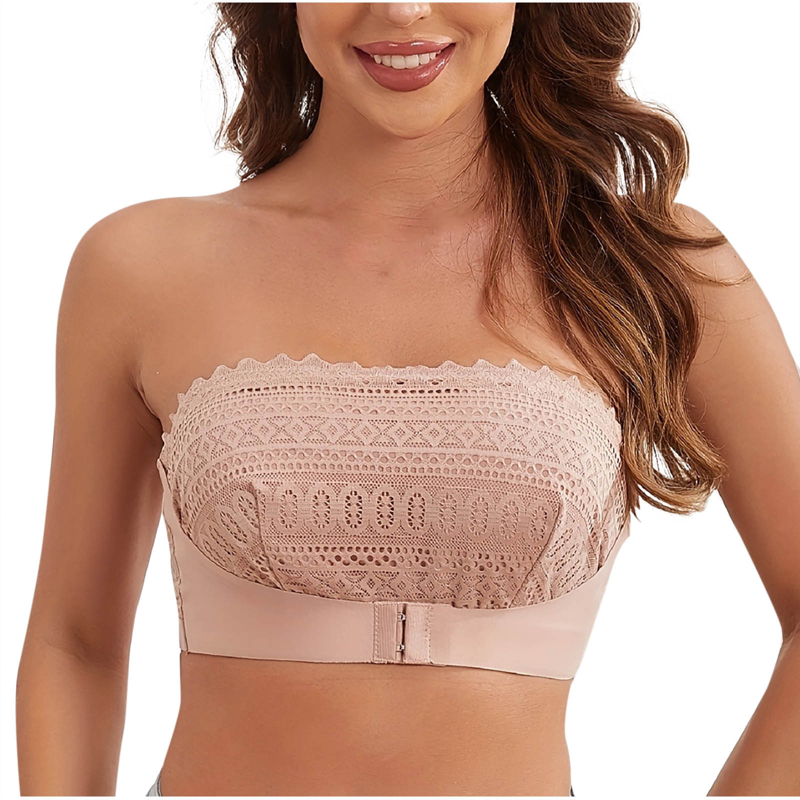 Bigersell Padded Lace Bandeau Bra Women Front Closure Strapless Push up Bra Wedding Tube Crop Tops Hook & Eye Closure Wireless Bralettes, B12-9, Beige, L