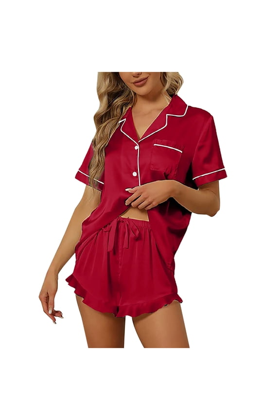 Pajamas for Women Two Piece Pjs Sets Silk Satin Pajamas Short Sleeve Button up Tops and Elastic Waist Shorts Matching Set Sleepwear Bridal Pajamas Nightwear Lounge Sets G-Wine XXL