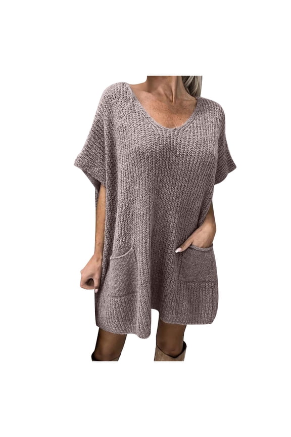 Party Dress Women's Fashion Casual Solid Pullover Comfortable Short Sleeve V-Neck Dress Wedding Guest Dress Regular Mini Dresses, Style 16646, Coffee S