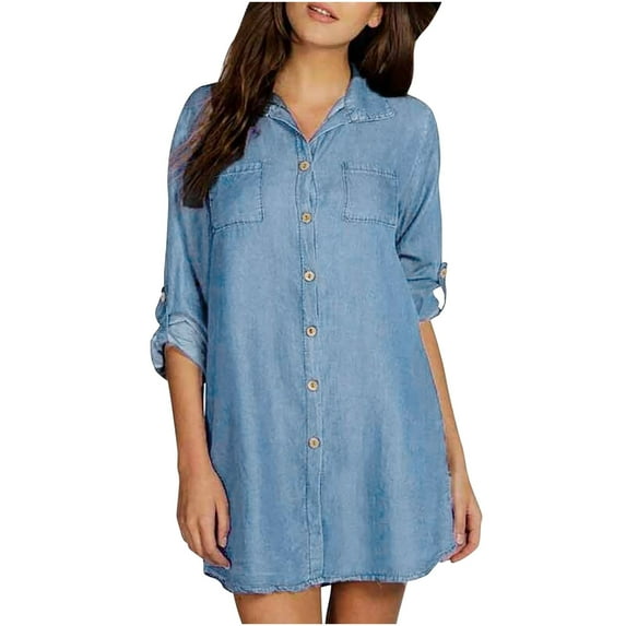 Bigersell Party Dress Women's Summer Women's Fashion Casual Solid Color Fashion Casual Breasted Solid Denim Short Sleeve Dress Shirts Suit Women's Plus Ball Gown Dresses, Style 23581, Blue S