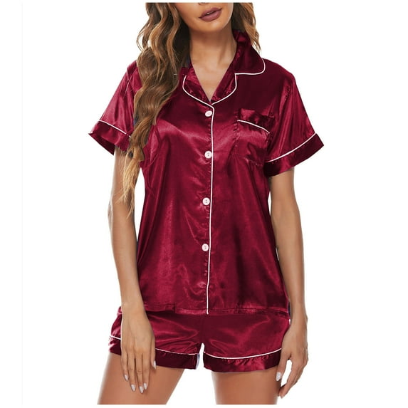 Bigersell Pjs Sets for Women 2 Piece Shorts Pajamas Set Womens Silk Satin Pajamas Short Sleeve Collar Lounge Set Chest Pockets Button-Down Tops and Shorts Two-Piece Sleepwear Wine XXL