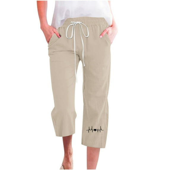 Bigersell Plus Size Capris for Women 3x-4x Capris Pants for Women Casual Summer Cotton Linen 3/4 Pants Wide Leg Capris Lightweight Baggy Cropped Trousers Khaki l