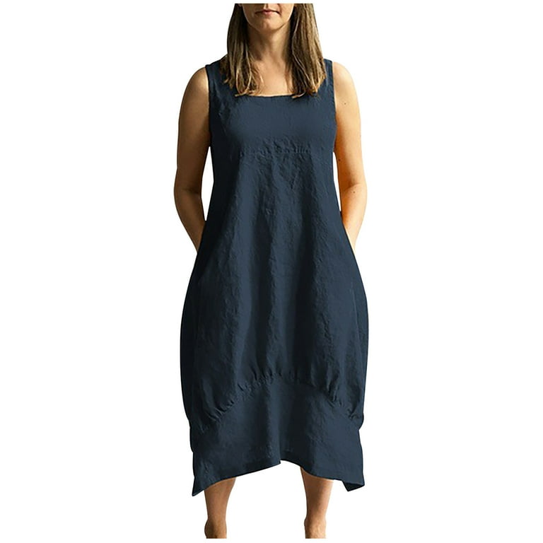 Bigersell Plus Size Dress Sleeveless Elastic Waist Women's Summer Fashion  Cotton Casual Round Neck Solid Sleeveless Loose Dress Women's Plus Sun  Dress Style 18822, Female Long Dresses Navy M 