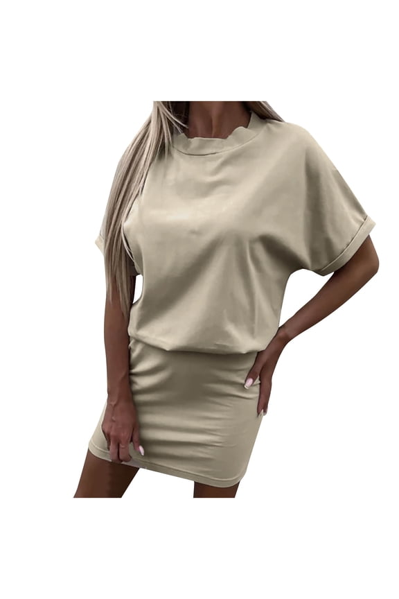 Plus Size Dresses Women's Summer Fashion Solid Color Round Neck Short Sleeve Casual Sports Dress Work Dresses for Female Regular Mini Dresses, Style 4424, Beige L