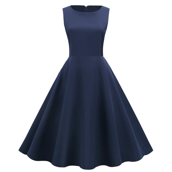 Bigersell Plus Size Formal Dresses Women's Summer Fashion Sleeveless Round Neck Vintage Solid Party Swing Dress Women Bodycon Dress Style 18725, Female Short Dresses Navy L