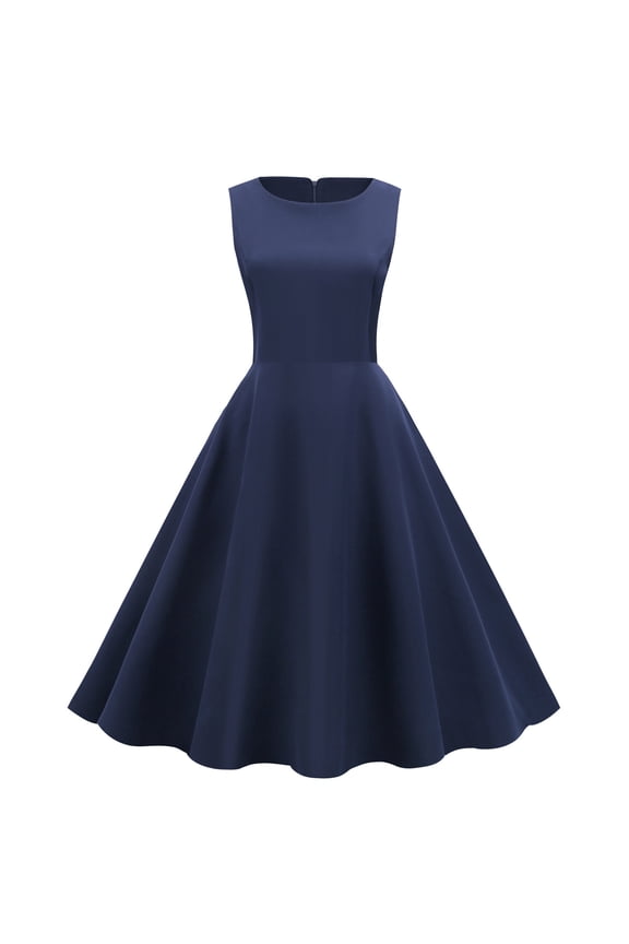 Plus Size Formal Dresses Women's Summer Fashion Sleeveless Round Neck Vintage Solid Party Swing Dress Women Bodycon Dress Style 18725, Female Short Dresses Navy L