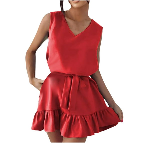 Bigersell Plus Size Party Dresses for Women Summer Women Summer V-Neck Solid Color Ruffles Sleeveless Elastic Waist Dress with Blet Women's Plus Shirt Dress Style 10746, Female High Low Dresses Red M