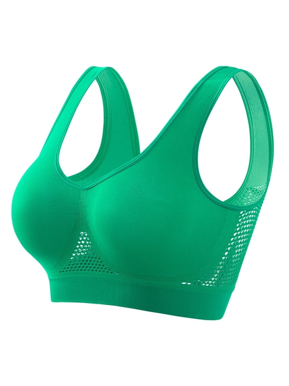 Plus Size Sports Bras for Women Seamless Wireless Bra Removable Pad Mesh Breathable Soft Yoga Bras V-Neck Wire-Free Running Sports Bra W-1-Green S