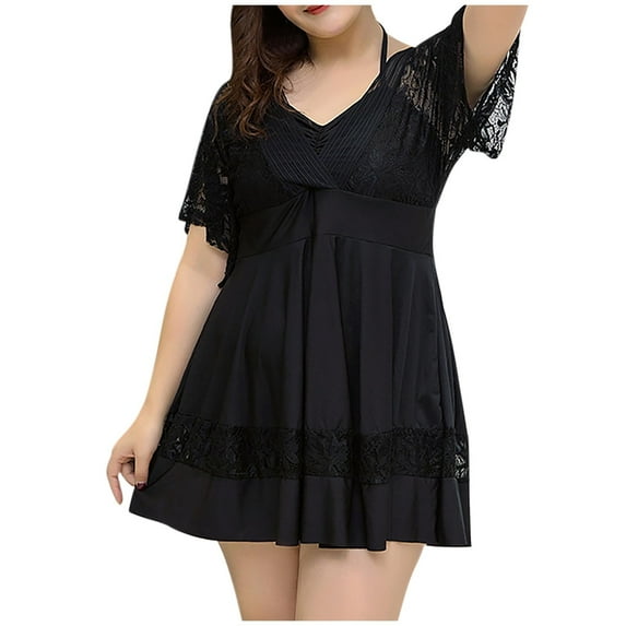 Bigersell Plus Size Tankinis Swimwear for Women Lace V-Neck Short Sleeve Bathing Suits Swim Dress Swimsuits with Shorts Black 4XL