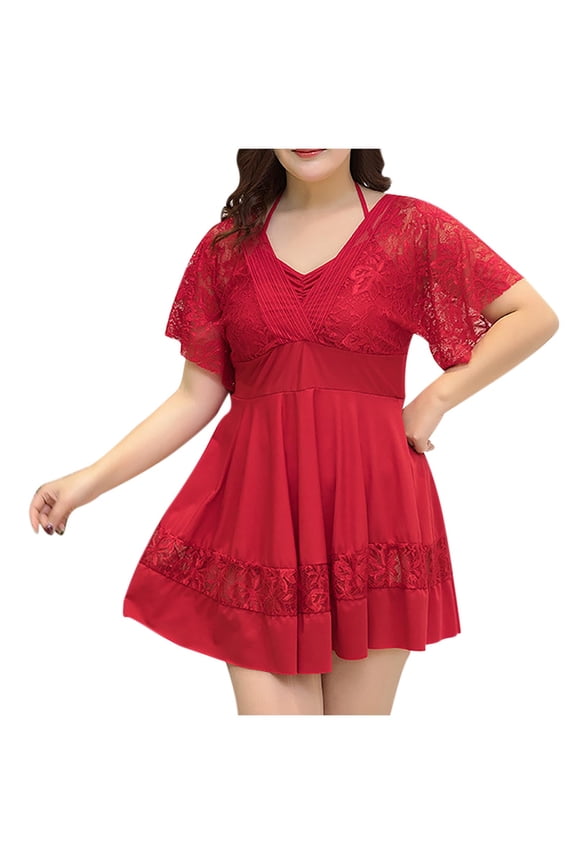 Plus Size Tankinis Swimwear for Women Lace V-Neck Short Sleeve Bathing Suits Swim Dress Swimsuits with Shorts Red 3XL