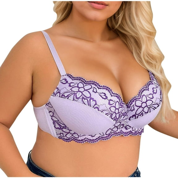 Bigersell Plus Size Wireless Bra for Women - Ladies Floral Lace Push up Bras No Underwire Soft V-Neck Comfortable Breathable Padded Everyday Bras Purple 100D