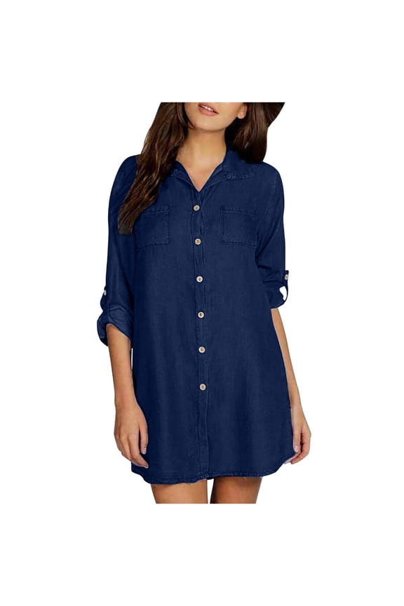Princess Dress Up Clothes for Little Girls Women Summer Women Fashion Casual Breasted Solid Denim Short Sleeve Dress Shirts Suit Women's Plus Sheath Dresses, Style 23584, Navy XXL