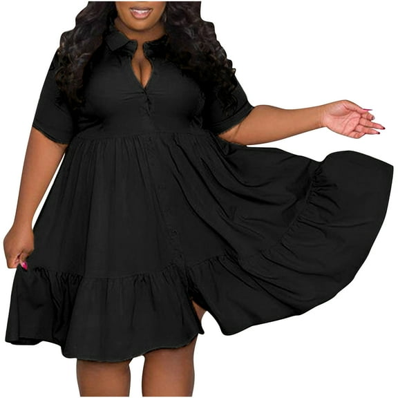 Bigersell Prom Dress Women's Summer Fashion Solid Color Lapel Single Breasted Casual Short Sleeve Shirt Dress Plus Size Dress for Female Women's Plus Maxi Dresses, Style 26455, Black 4XL