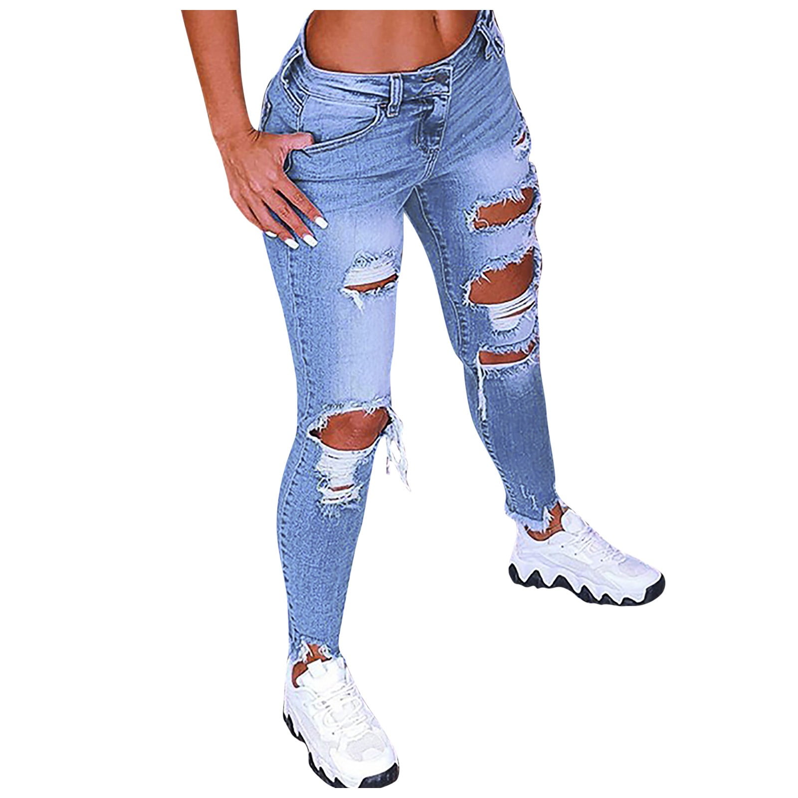 Bigersell Women's Modern Straight Jeans Full Length Pants Jeans Women Solid  Color Blue Hole High Jeans Flares Ankle Fashion Pants Trouser Ripped High