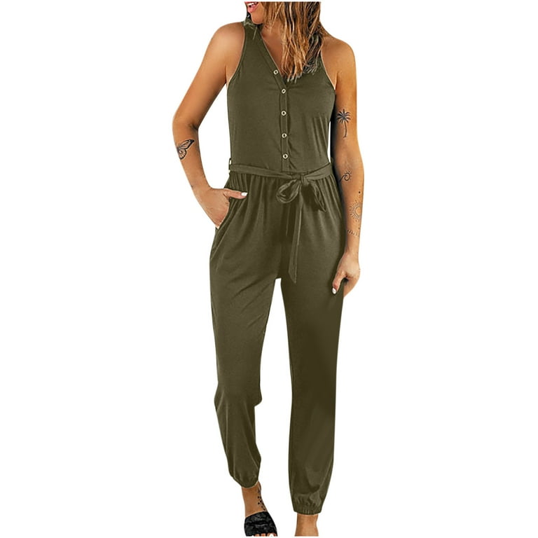 Bigersell Pull on Jumpsuits for Women Jumpsuit Women's Fashion Solid Lace  UP Long Pants Hollow Out Sleeveless Jumpsuit Ladies' Classic Bootcut