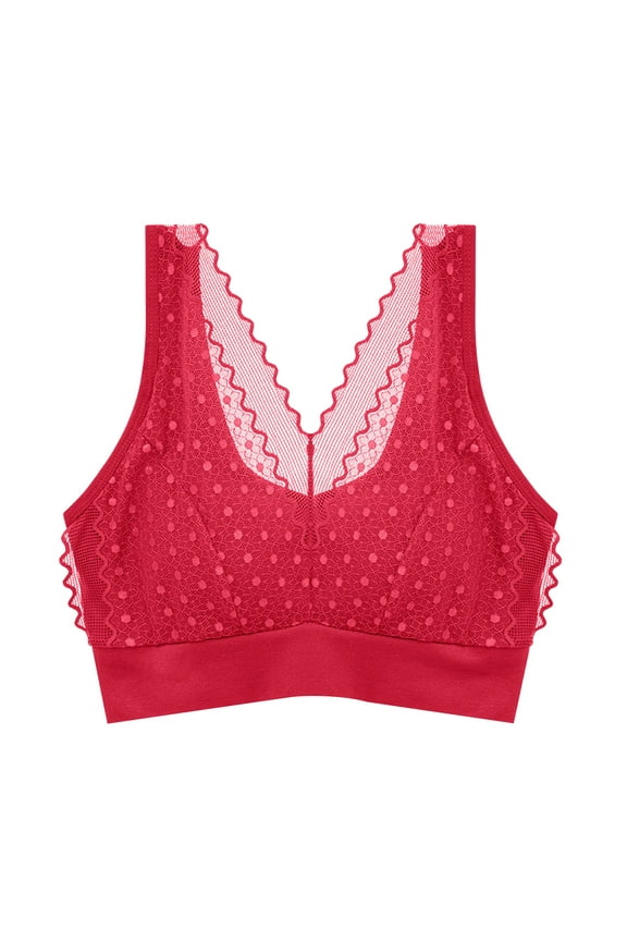 Pullover Bras Women Mesh Lace V-Neck Bra Ladies Push up Bra No Underwire Padded Bralette Wireless Sports Bras for Women Pull On Closure Soft Bra Style-D34, Red One Size