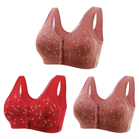 Bigersell Push up Bras Pack for Teens Deals 3pc Women Front Buckle for Senior Elder Women Underwear Soft Cotton Oversized Tank Tops Without Underwire Printed Bra Nursing Bra Style F-14 Red L