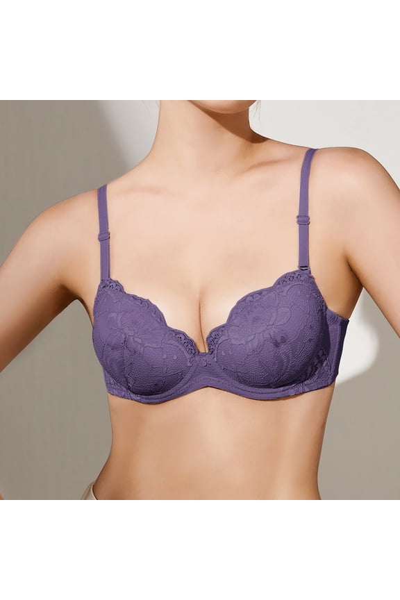 Push up Bras for Women Wireless T-Shirt Bra No Underwire Back Hook and Eye Closure Everyday Wire-Free Bra Comfortable Lace Padded Brassiere Wireless Sports Bras Purple 32