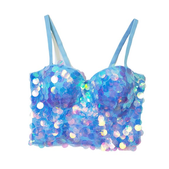 Bigersell Push up Bra On Sale Women's Fashion Corset Fishbone Bra Wearing Sequin Bead Hanging Strap Bra Demi Cup Bra Style F-251 Light Blue L