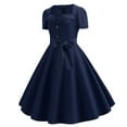 thumbnail image 1 of Bigersell Renaissance Dress Women Fashion Womens A Line Flare Vintage Dress Bow Knot Prom Swing Short Sleeve Polka Solid Party Dress Women Boho Dresses, Style 12651, Navy L, 1 of 8
