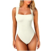 Bigersell Ribbed Bodysuit for Women One-Piece Swimsuits High Cut Bathing Suit Racerback Soft Cup Padded 1 Piece Swimsuit Beige M