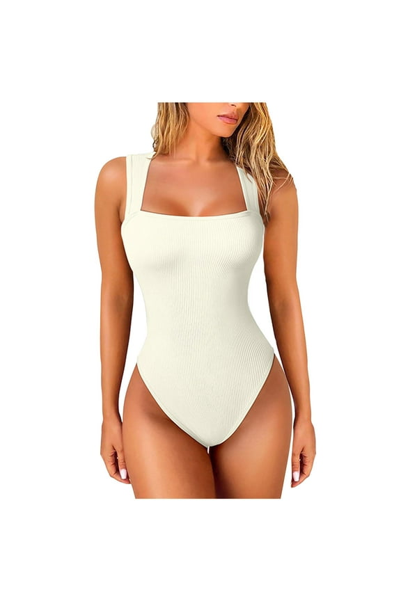 Ribbed Bodysuit for Women One-Piece Swimsuits High Cut Bathing Suit Racerback Soft Cup Padded 1 Piece Swimsuit Beige M