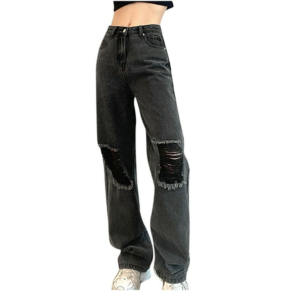 Bigersell Ripped Distressed Jeans for Women Full Length Pants Jeans Women Fashion High Waist Pocket Solid Casual Loose Wide Leg Pants Hole Jeans Ladies Jeans