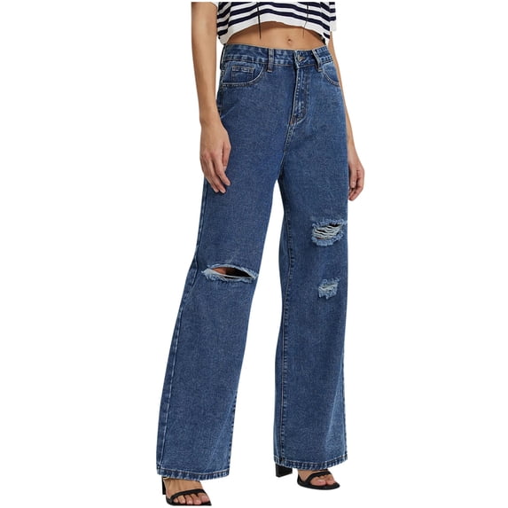Bigersell Ripped Jeans Women Straight Leg Jeans Full Length Denim Pants Button Closure Washed Regular Straight Jeans with Pockets Casual Loose Destroyed Hole Distressed Jeans BlueXS