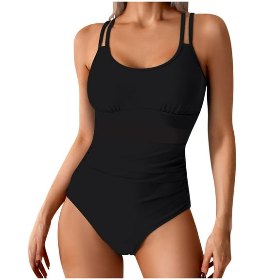 Bigersell Ruched One-Piece Athletic Swimsuits Women Round Neck Mesh High Cut Bathing Suit Sporty Swimwear Black XL