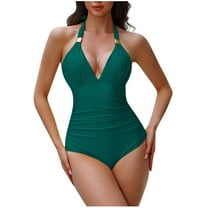 Bigersell Ruched One-Piece Swimsuits Women Backless V-Neck Bathing Suit Solid Color 1 Piece Swimsuit Monokini Swimwear for Summer Vacations Beach Swimming Pool Green-a S