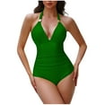 thumbnail image 1 of Bigersell Ruched One-Piece Swimsuits Women Backless V-Neck Bathing Suit Solid Color 1 Piece Swimsuit Monokini Swimwear for Summer Vacations Beach Swimming Pool Green M, 1 of 5