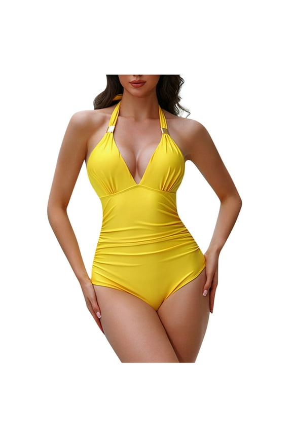 Ruched One-Piece Swimsuits Women Backless V-Neck Bathing Suit Solid Color 1 Piece Swimsuit Monokini Swimwear for Summer Vacations Beach Swimming Pool Yellow S