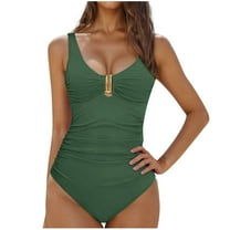 Bigersell Ruched One-Piece Swimsuits for Women Trendy 2025 New Metal U-Neck Padded Bathing Suit Solid 1 Piece Swimsuit Beach Vacation Swimwear, Style SW-39, Green-a, L