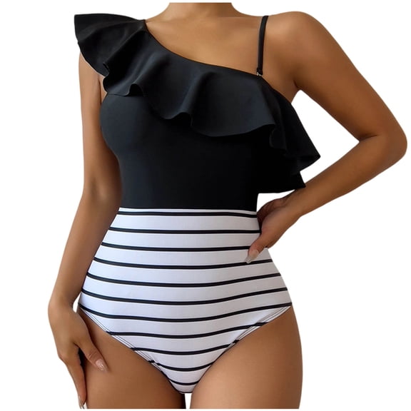 Bigersell Ruffle One-Piece Swimsuits for Women One Shoulder Bathing Suits Women's Striped Print One-Piece Cheeky Swimsuits Beach Vacations Swimwear, Style SW-7, Black, M