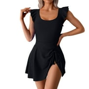 BIGERSELL Ruffle Sleeve Swimsuits for Women Skater Style One-Piece Swimsuits with Skirt Smocked Back Bathing Suits Swim Dress Swimwear Black M