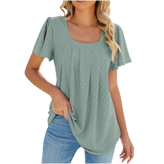 Bigersell Ruffle Sleeve Tops for Women Polyester Pleated Square Neck Short Sleeve Blouses & Tunics Casual Summer Tops Solid Color T-Shirts Green XL