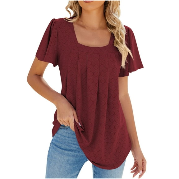 Bigersell Ruffle Sleeve Tops for Women Polyester Pleated Square Neck Short Sleeve Blouses & Tunics Casual Summer Tops Solid Color T-Shirts Wine XXL