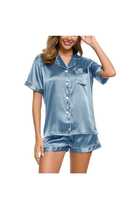 Satin Pajamas Women Two Piece Pjs Shorts Sets Solid Notched Lapel Collar Short Sleeve Button-Down Pajamas Tops and Elastic Waist Sleep Shorts Matching Set Sleepwear E-Sky Blue XL