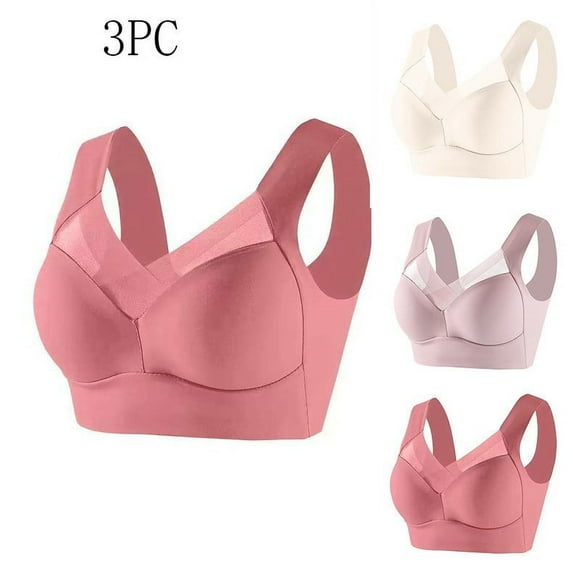Bigersell Seamless Bra for Women 3 Pack Back-Smoothing Pullover Bra No Underwire Comfort Strap Mesh V-Neck Padded Push Up Bras Soft Wireless Bralette Full Figure Everyday Sports Bra Pink L