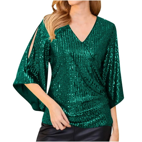 Bigersell Sequin Tops Women Dressy Casual 3/4 Sleeve V-Neck Sparkly Glitter Tunic Tops Tees Shirts Casual Loose Blouses Party Tops Clubwear Green S