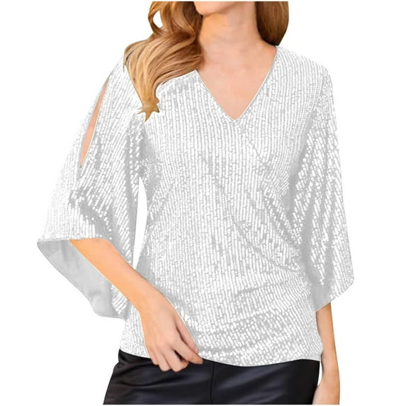 Bigersell Sequin Tops Women Dressy Casual 3/4 Sleeve V-Neck Sparkly Glitter Tunic Tops Tees Shirts Casual Loose Blouses Party Tops Clubwear White S