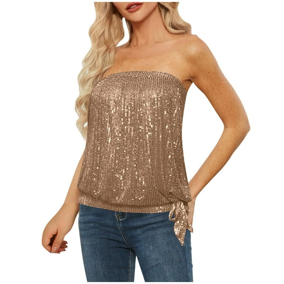 Bigersell Sequin Tube Tops for Women Sparkly Sleeveless Off the Shoulder Tank Tops Bandeau Camisoles Vest for Party Tops Clubwear Women's Tanks & Camis Coffee XXL