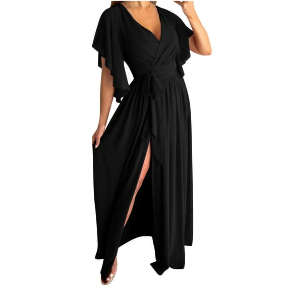 Bigersell Sexy Dresses for Women Summer Solid Waist V-Neck Trumpet Short Sleeve Hem Split Dresses Cocktail Dresses Women Boho Dresses, Style 33027, Black S