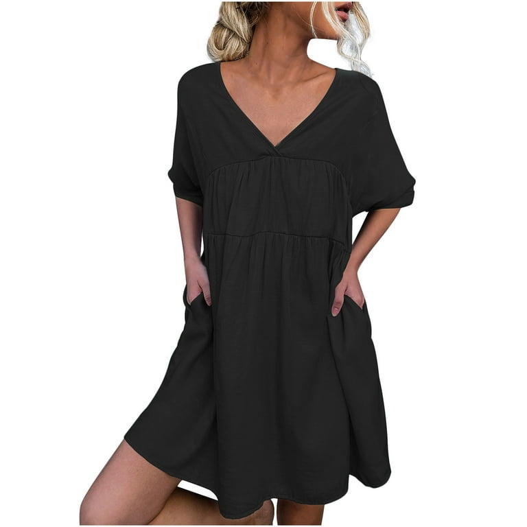 Bigersell Shapewear Dress Fashion Women Summer Pockets V-Neck Solid Loose  Short Sleeve Mini Dress Flowy Dresses for Female Women's Plus Ball Gown