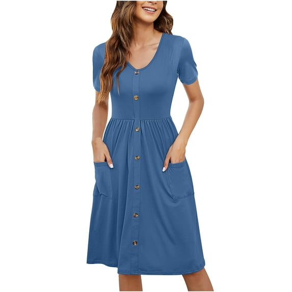 Bigersell Short Dresses Clearance Female Button-Donw Short Sleeve Knee Length Fitted & Flare Dress Style D-68 Ladies Casual Dresses Regular Summer Dresses , Navy S